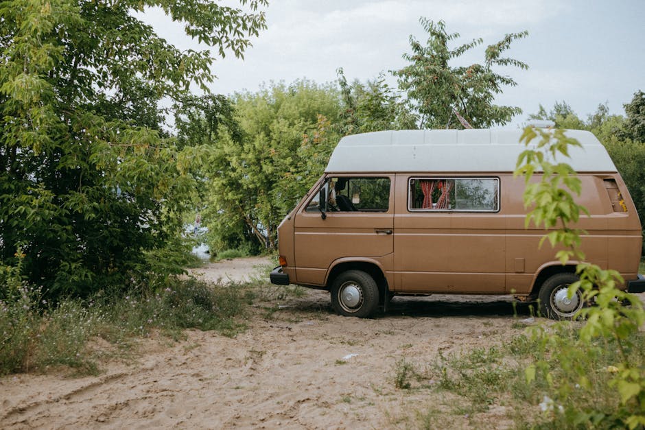 A vintage brown campervan with a high white roof is parked on a dirt and gravel path surrounded by lush green trees and foliage, with some bushes and grass in the foreground. The campervan features a large side window with red curtains, and the vehicle appears to be stationary in an outdoor setting typical for home relocation or moving services. The area is well-lit with natural daylight, and the scene suggests a moment during packing or loading furniture and belongings as part of a house removal process, with the vehicle ready for transport. Occasionally, Man With a Van Barnsbury offers removals and furniture transport services, supporting efficient home relocation and packing and moving activities.
