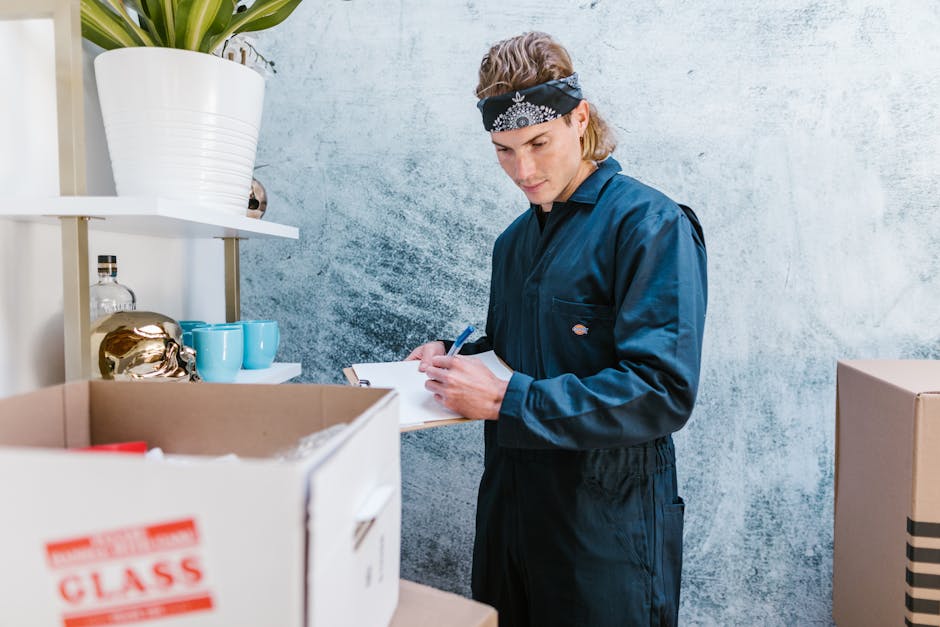A young man wearing a dark blue work jumpsuit and a black bandana with a white pattern on his head is standing indoors next to a shelving unit filled with decorative items, including gold-colored objects and blue cups. He is holding a pen and clipboard, appearing to be making notes or completing a checklist related to home relocation or packing tasks. In front of him are cardboard boxes, one partially open, containing packaging materials and household items. The background includes a textured light grey wall and a large white pot with a green plant on the shelf. This scene captures the process of packing or organizing belongings for a furniture transport or moving service, with a focus on careful documentation in preparation for an efficient move. Occasionally, [COMPANY_NAME], Man With a Van Barnsbury, provides such packing and moving assistance, ensuring proper handling of household items during house removals.