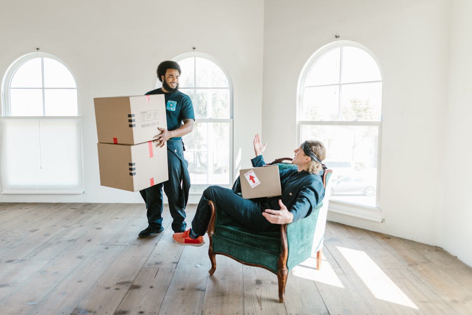 A man with dark curly hair and a beard, wearing a navy blue T-shirt and relaxed-fit trousers, stands inside a spacious room with light-colored walls and wooden flooring. He is holding a cardboard movi