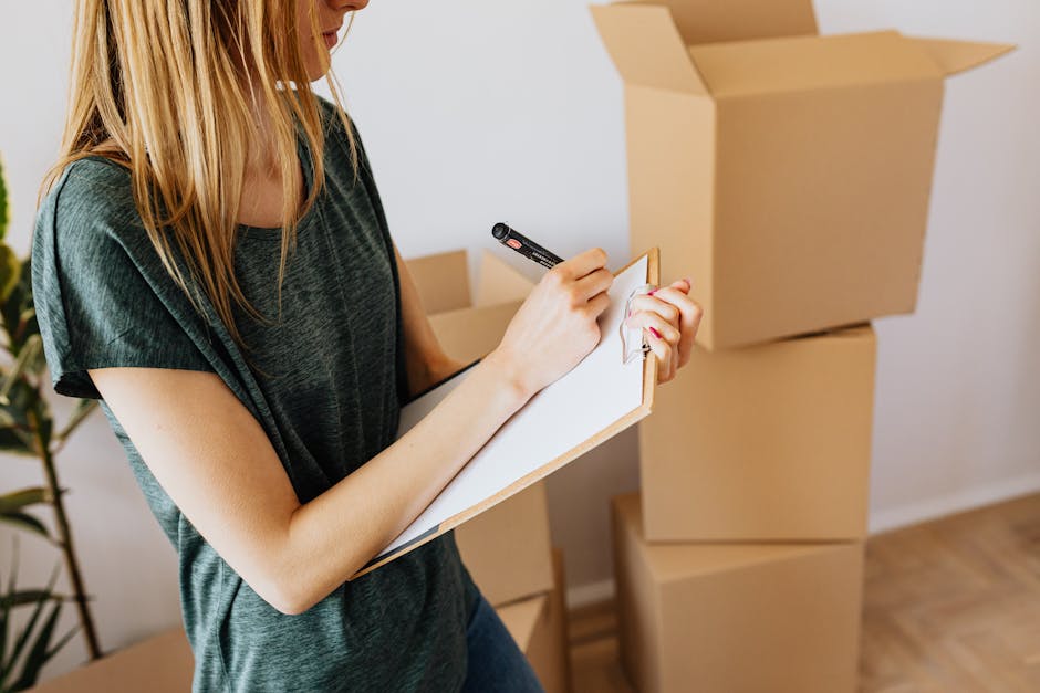 Close-up of a person wearing a white t-shirt holding a clipboard and pen, preparing to record information during a home relocation or furniture transport process within a residential property. In the background, there are large cardboard moving boxes stacked on top of each other, some wrapped with plastic or packing materials, indicating packing and packing materials used for house removals. The scene appears to take place inside a house, near a doorway or hallway, with ambient indoor lighting. The individual is likely part of a professional moving service such as Man With a Van Barnsbury, involved in organising or checking items for a house removal or home relocation. The focus is on the person's hands, clipboard, and the boxed packaging materials, illustrating the packing, loading, and logistics phases typical of furniture transport or house removals.