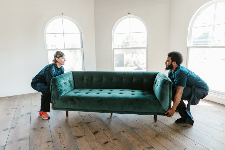 Two movers, dressed in casual dark clothing, are engaged in a home relocation task inside a bright room with wooden flooring and large arched windows. Each mover is positioned on either side of a teal velvet sofa, carefully lifting it from the floor. The man on the left has long hair secured with a headband and is wearing orange and white sneakers, while the man on the right has an afro hairstyle, a beard, and is wearing black shoes. The sofa appears to be a mid-century style with wooden legs and tufted upholstery. Natural light floods the room through the large windows, illuminating the scene and highlighting the careful handling of the furniture. This image illustrates the logistics involved in packing and moving large, bulky furniture as part of a home removal service, with the movers utilizing proper lifting techniques and coordinating their efforts, consistent with professional furniture transport practices. Man With a Van Barnsbury is involved in such removals, ensuring safe and efficient furniture transport during house relocations.